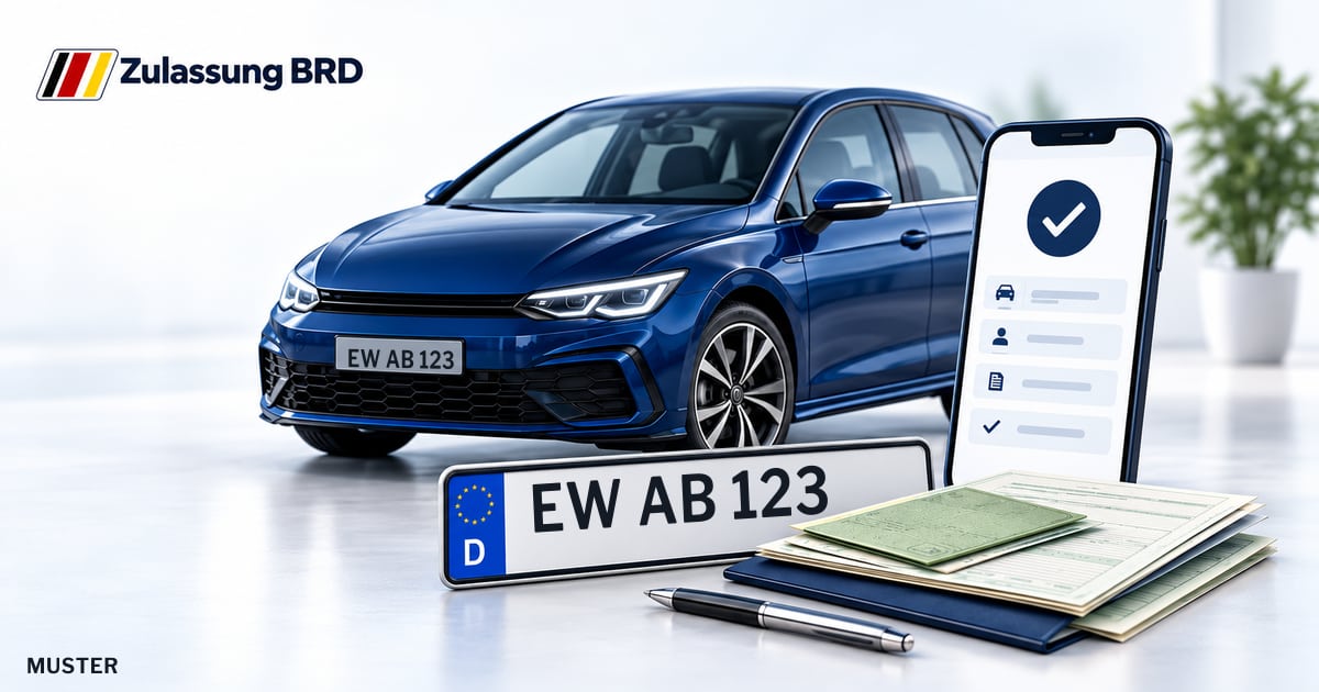 Online Fahrzeugzulassung in Panketal: Musterkennzeichen EW AB 123, Auto und Fahrzeugpapiere und Smartphone. Illustration mit Logo von Zulassung BRD.